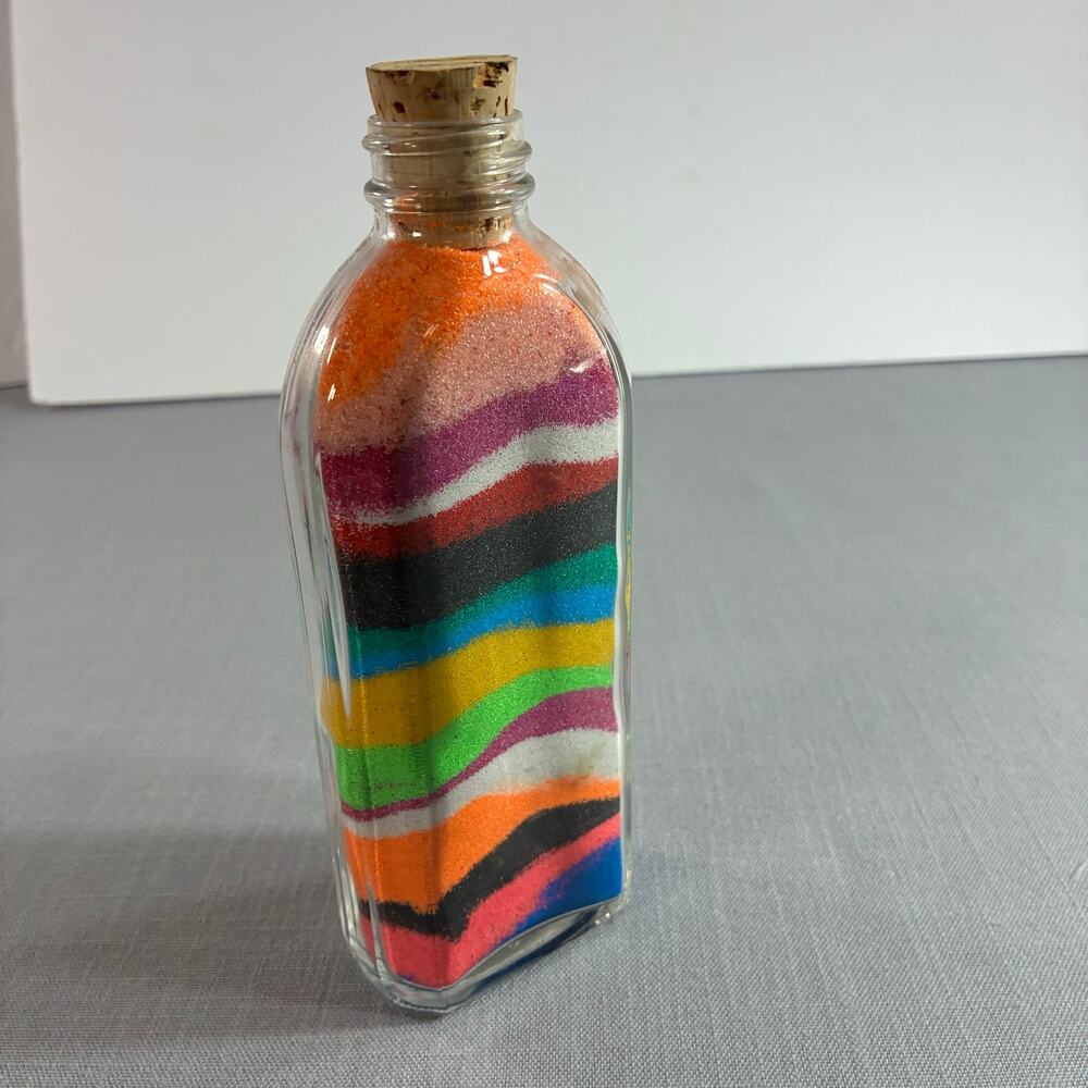 Vintage Layered Sand Art Glass Bottle Cork Stopper Rainbow Decor 7 Inch